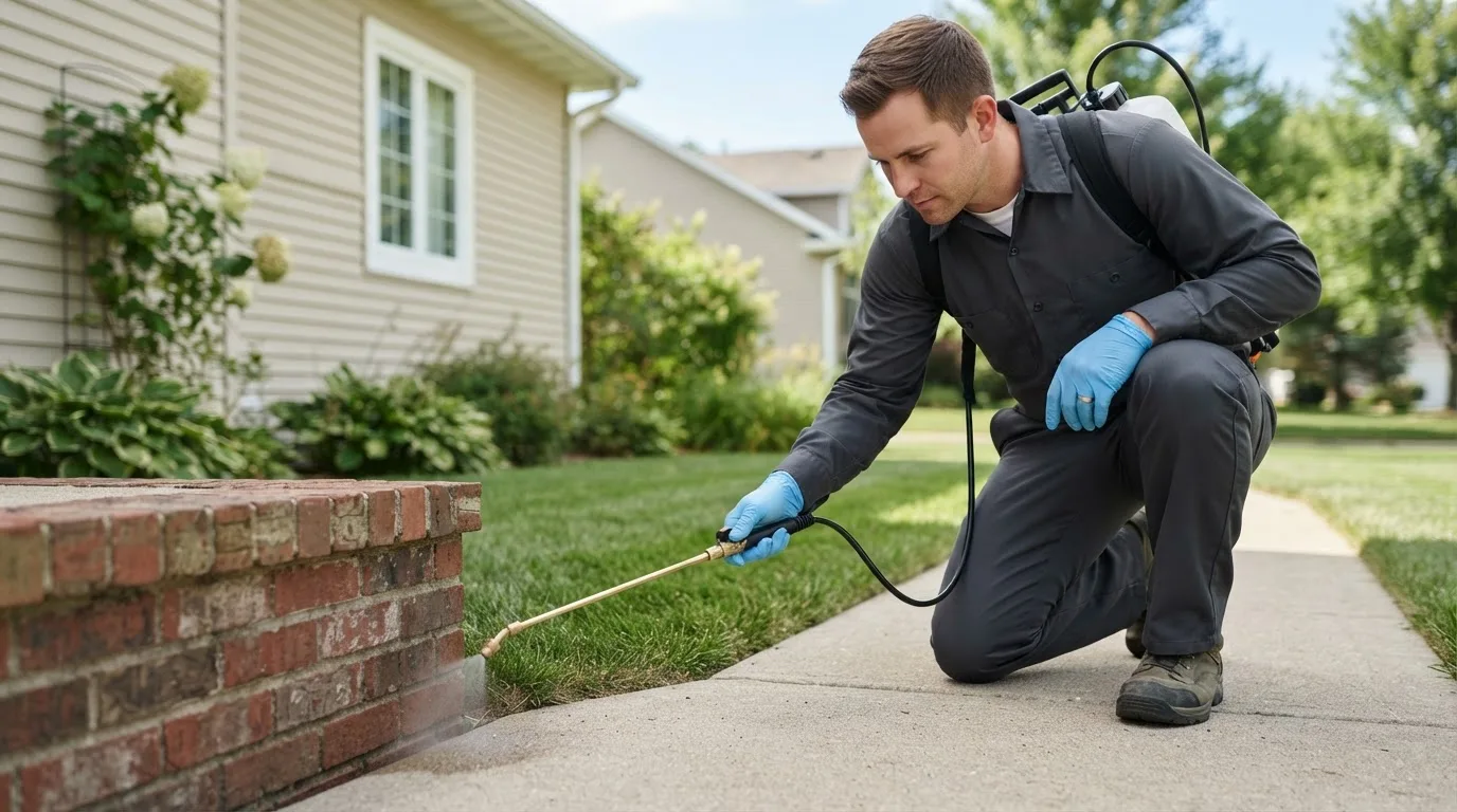 Pest control technician treating a home near Worcester, MA