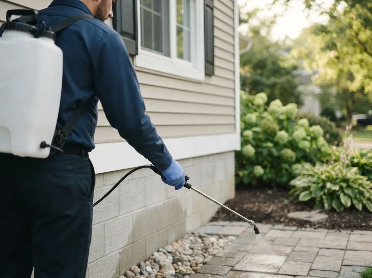 Pest control technician inspecting a home in Worcester, MA